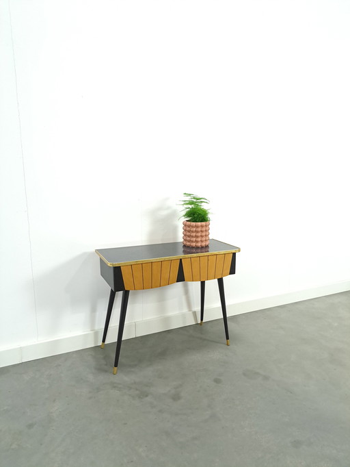 Cabinet With Formica Top, Wooden Drawers And Gold Details