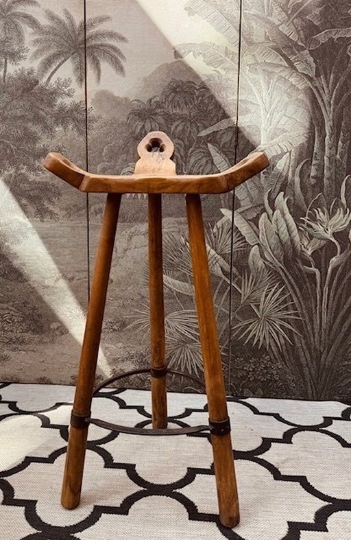 Authentic Vintage Brutalist Marbella, Sergio Rodriquez Stool With Iron Footrest