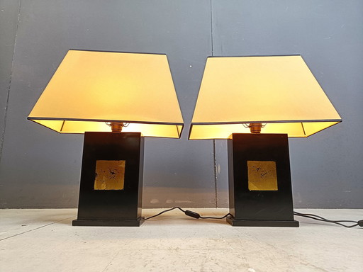 Pair Of Black Lacquered Wooden Table Lamps, 1970S