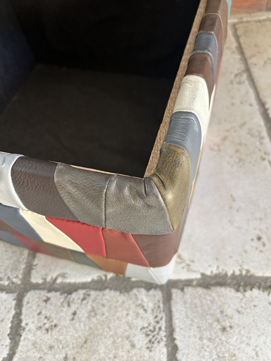 Image 1 of Pouf /Coffre "Arlequin" Patchwork De Cuir Swiss Made 1970