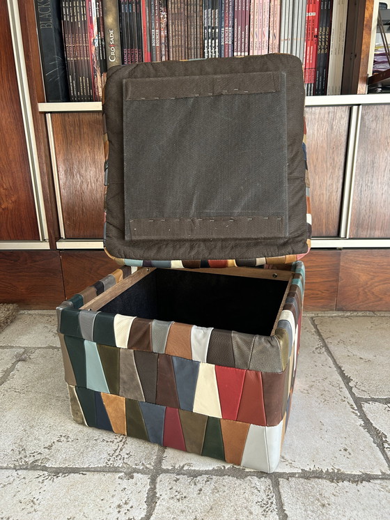 Image 1 of Pouf /Coffre "Arlequin" Patchwork De Cuir Swiss Made 1970