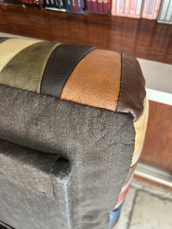 Image 1 of Pouf /Coffre "Arlequin" Patchwork De Cuir Swiss Made 1970