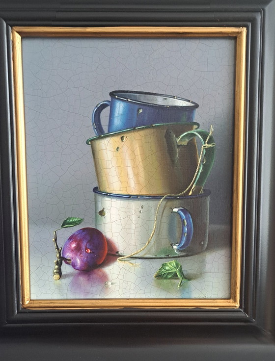 Image 1 of Still Life With Plum And Stacked Mugs By Rob Ritchie