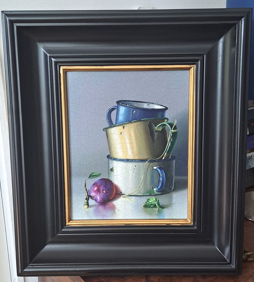 Still Life With Plum And Stacked Mugs By Rob Ritchie