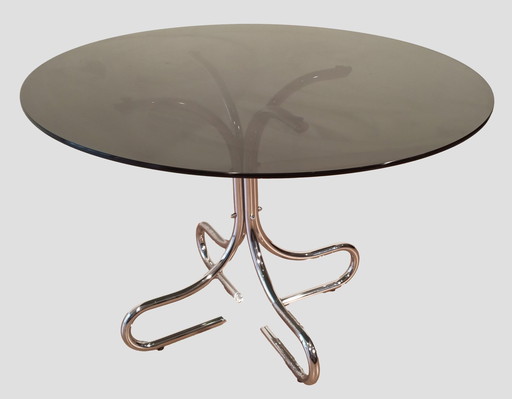 Table basse italienne du milieu du siècle en acier et chrome avec plateau rond en verre fumé, années 1960