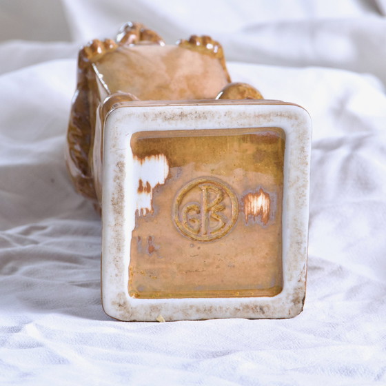 Image 1 of Jarrón - Botella zoomorfo antiguo de león en gres esmaltado, firmado por Gps