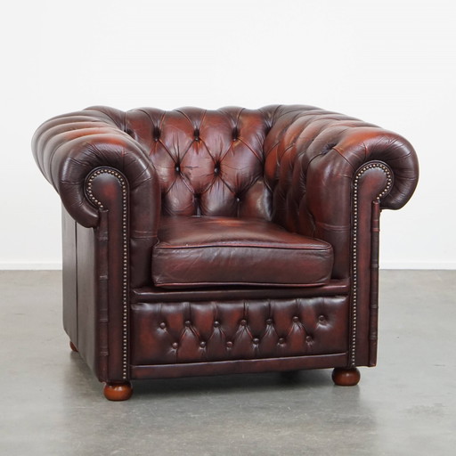 Dark Red Beef Leather Chesterfield Armchair