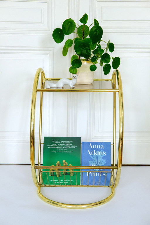 Vintage 70S Side Table, Brass And Smoked Glass