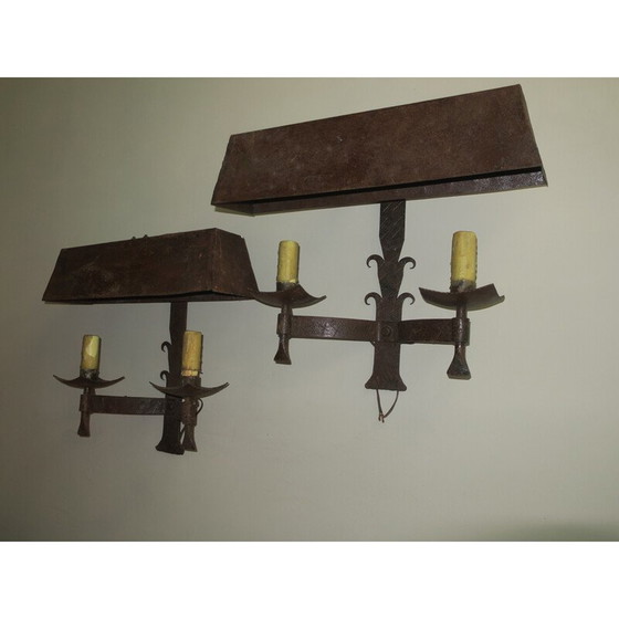 Image 1 of Pair of vintage patinated wrought iron wall lamps, 1960