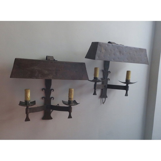 Image 1 of Pair of vintage patinated wrought iron wall lamps, 1960