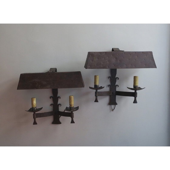Image 1 of Pair of vintage patinated wrought iron wall lamps, 1960
