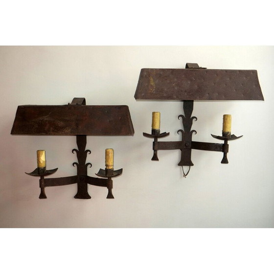 Image 1 of Pair of vintage patinated wrought iron wall lamps, 1960