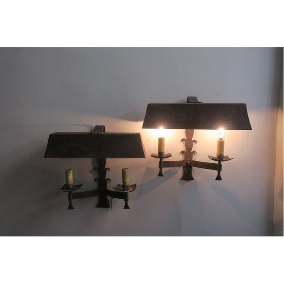 Image 1 of Pair of vintage patinated wrought iron wall lamps, 1960
