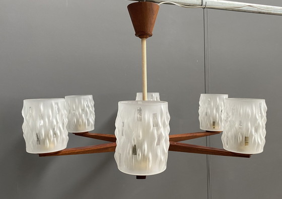 Image 1 of Teak Ceiling / Pendant Lamp 6 Glass Shades 1960S