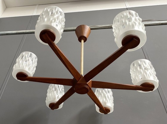 Image 1 of Teak Ceiling / Pendant Lamp 6 Glass Shades 1960S