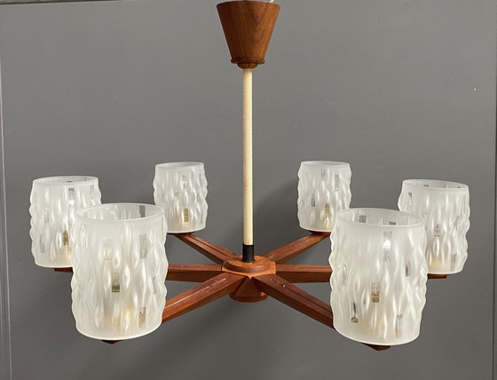 Image 1 of Teak Ceiling / Pendant Lamp 6 Glass Shades 1960S