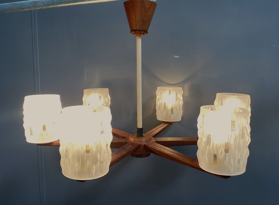 Image 1 of Teak Ceiling / Pendant Lamp 6 Glass Shades 1960S