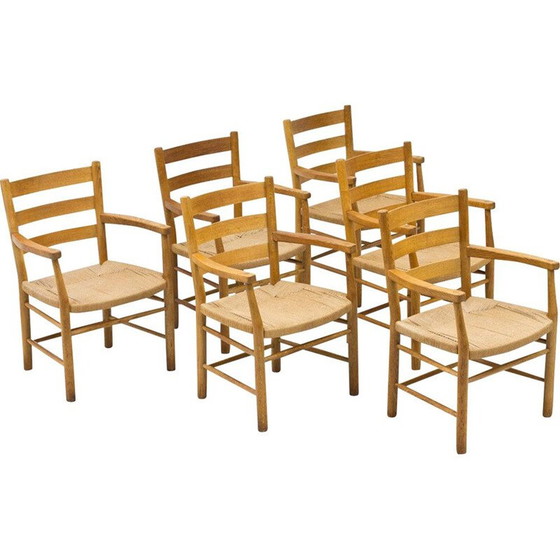 Image 1 of Set of 6 vintage Danish oak and paper cord armchairs by Viggo Hardie-Fischer Denmark 1950s