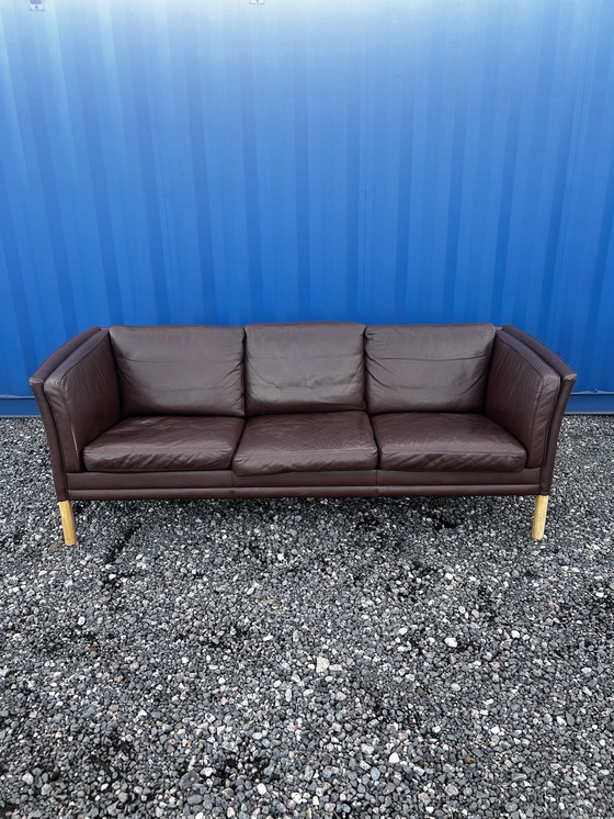 Image 1 of Danish Three Seater Brown Leather Sofa 1970S