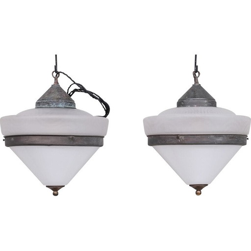 Pair of vintage glass pendant lamp, France 1920