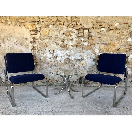 Image 1 of Pair of vintage blue and silver armchairs, 1970s