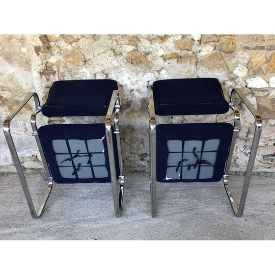 Image 1 of Pair of vintage blue and silver armchairs, 1970s
