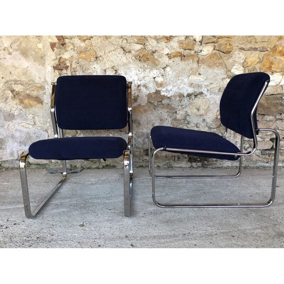 Image 1 of Pair of vintage blue and silver armchairs, 1970s