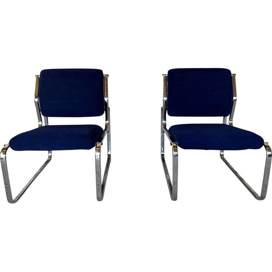 Image 1 of Pair of vintage blue and silver armchairs, 1970s