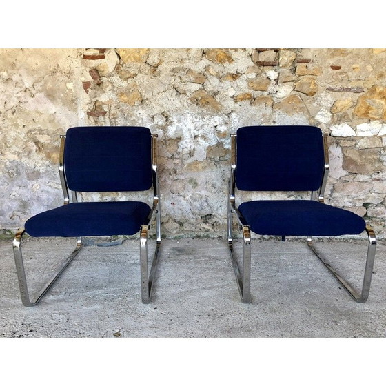 Image 1 of Pair of vintage blue and silver armchairs, 1970s