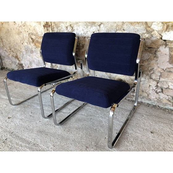 Image 1 of Pair of vintage blue and silver armchairs, 1970s