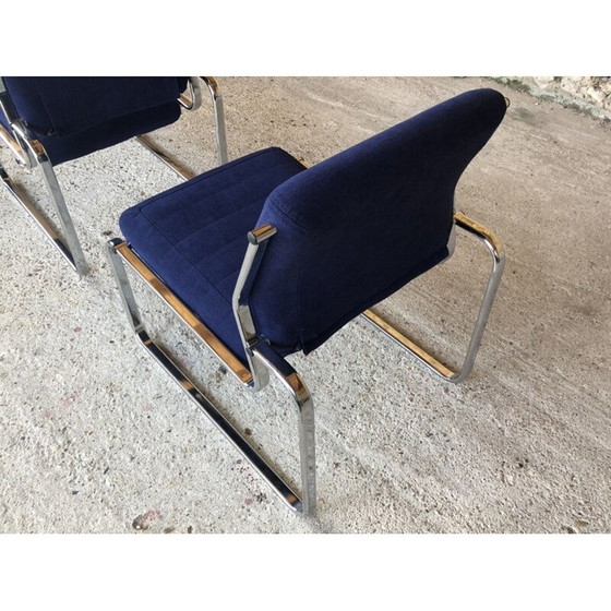 Image 1 of Pair of vintage blue and silver armchairs, 1970s