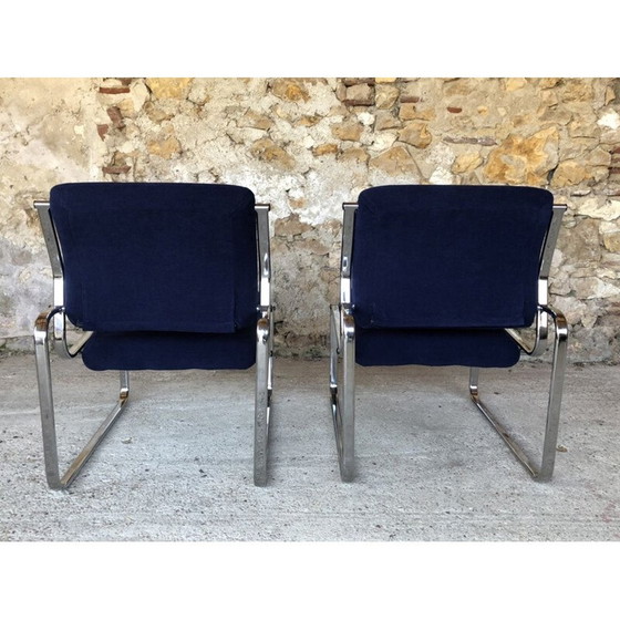 Image 1 of Pair of vintage blue and silver armchairs, 1970s