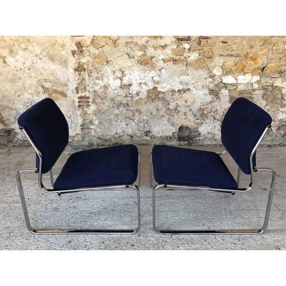Image 1 of Pair of vintage blue and silver armchairs, 1970s