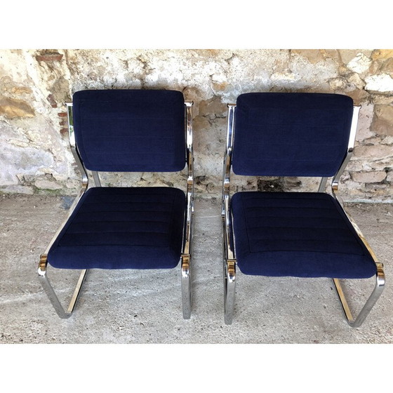 Image 1 of Pair of vintage blue and silver armchairs, 1970s