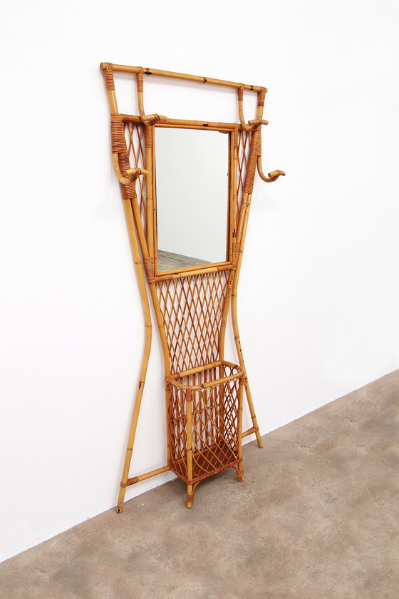 Image 1 of French Bamboo wall coat rack with large mirror, 1960