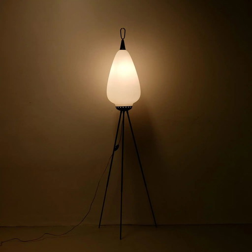 Stilnovo opaline floorlamp on steel and brass tripod.