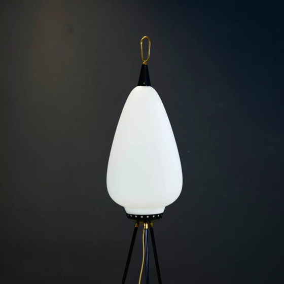 Image 1 of Stilnovo opaline floorlamp on steel and brass tripod.