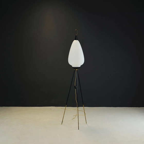 Image 1 of Stilnovo opaline floorlamp on steel and brass tripod.