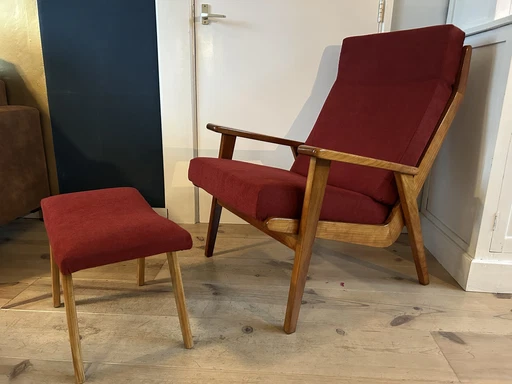 Rob Parry 1611 wooden armchair red fabric with footstool