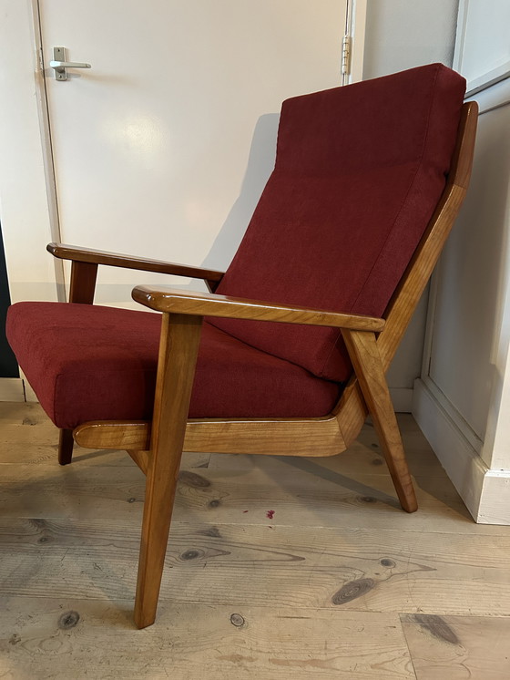 Image 1 of Rob Parry 1611 fauteuil en bois tissu rouge avec ottoman