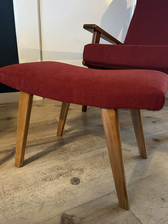 Image 1 of Rob Parry 1611 wooden armchair red fabric with footstool