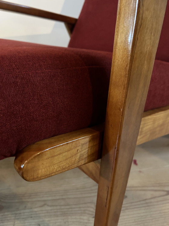 Image 1 of Rob Parry 1611 wooden armchair red fabric with footstool