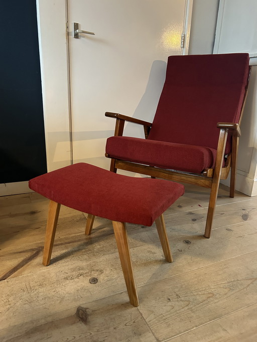 Rob Parry 1611 wooden armchair red fabric with footstool