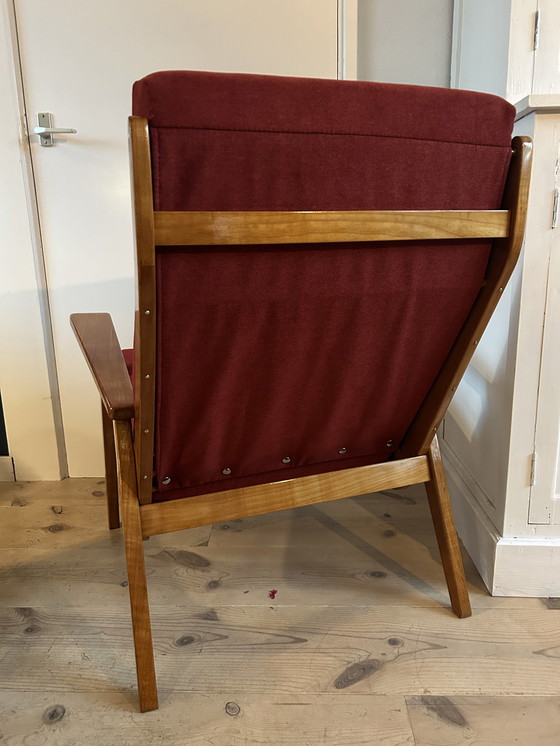 Image 1 of Rob Parry 1611 wooden armchair red fabric with footstool