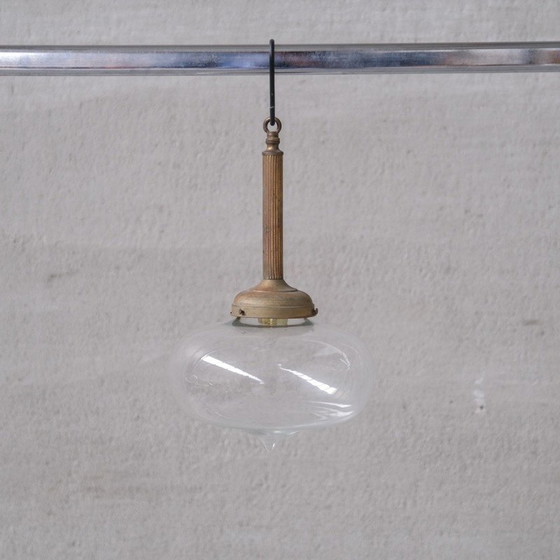 Image 1 of Pair of vintage glass and brass pendant lamps, France 1950