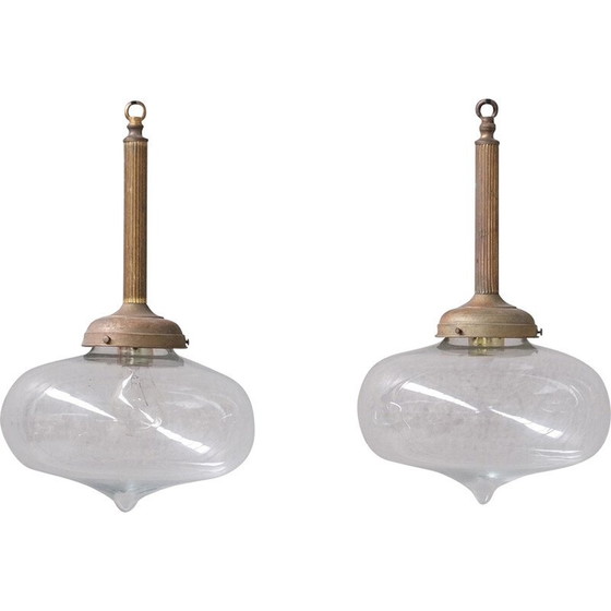 Image 1 of Pair of vintage glass and brass pendant lamps, France 1950