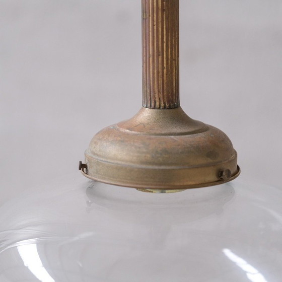 Image 1 of Pair of vintage glass and brass pendant lamps, France 1950