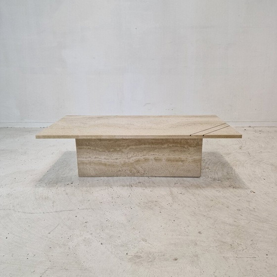 Image 1 of Vintage rectangular coffee table in travertine and brass, Italy 1980