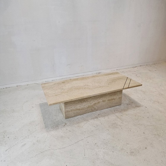 Image 1 of Vintage rectangular coffee table in travertine and brass, Italy 1980