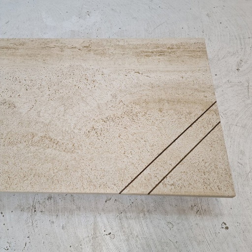 Vintage rectangular coffee table in travertine and brass, Italy 1980